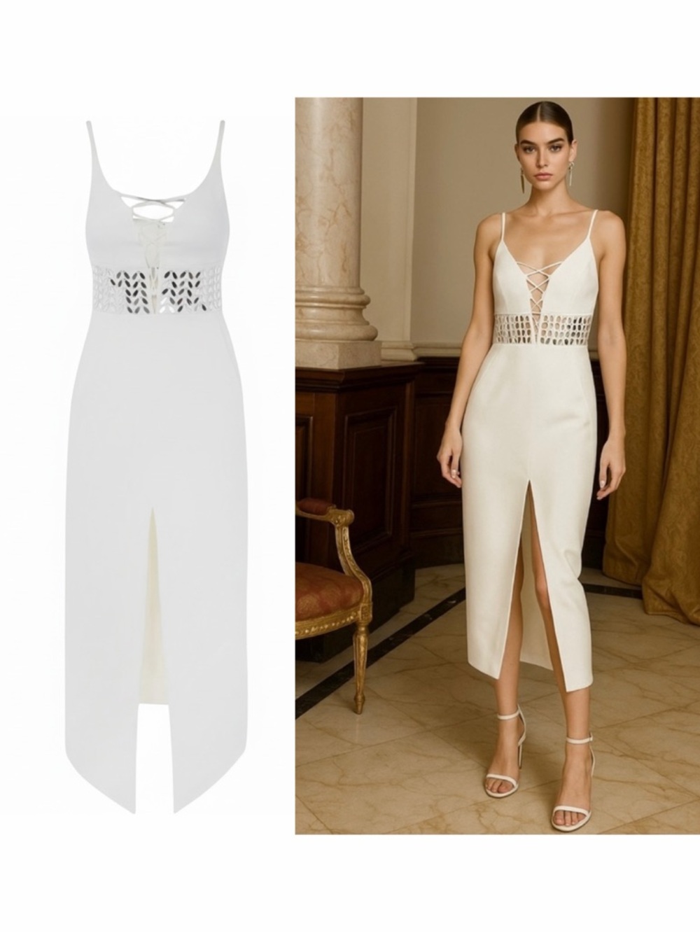 David Koma White Midi Dress Lace Up Mirror Detail 8 Bridal Wedding Bride NWT 🟡